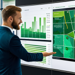 A diverse team of professionals in a modern, eco-friendly office. A female and a male executive, both fully clothed in modest business suits, are presenting on a large transparent digital screen displaying data visualizations related to sustainable supply chains and ESG performance metrics. The office features natural light, lush green plants, and a backdrop of a bustling city reflecting green urban planning. The atmosphere is collaborative and forward-thinking, embodying digital transformation and ethical business practices. Safe for work, appropriate content, fully clothed, perfect anatomy, correct proportions, natural pose, well-formed hands, proper finger count, professional photography, high quality, family-friendly.