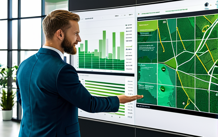 A diverse team of professionals in a modern, eco-friendly office. A female and a male executive, both fully clothed in modest business suits, are presenting on a large transparent digital screen displaying data visualizations related to sustainable supply chains and ESG performance metrics. The office features natural light, lush green plants, and a backdrop of a bustling city reflecting green urban planning. The atmosphere is collaborative and forward-thinking, embodying digital transformation and ethical business practices. Safe for work, appropriate content, fully clothed, perfect anatomy, correct proportions, natural pose, well-formed hands, proper finger count, professional photography, high quality, family-friendly.