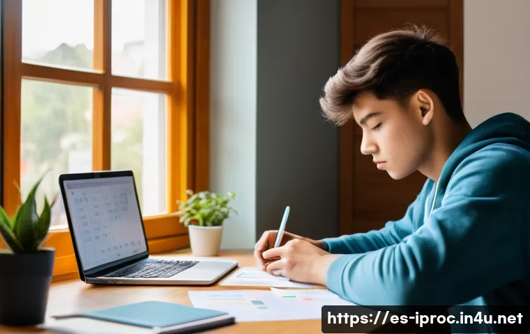 구매조달사 시험 합격을 위한 학습 계획 작성법 - A focused young adult student studying at a neat desk in a bright, cozy room with natural daylight s...