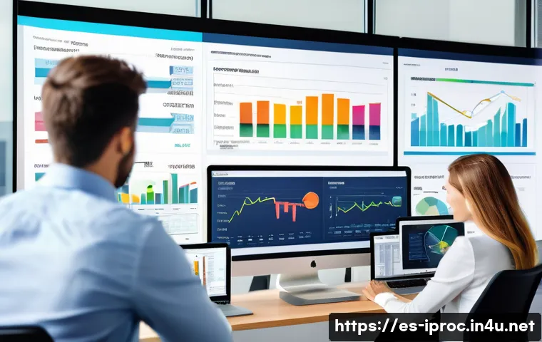 구매조달 실무에서의 효율적인 문서 관리 - A modern office environment with a diverse team of professionals collaborating around a large digita...