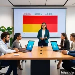구매조달사로서 커뮤니케이션 능력 향상법 - A professional business negotiation scene in a modern office with diverse Latin American men and wom...