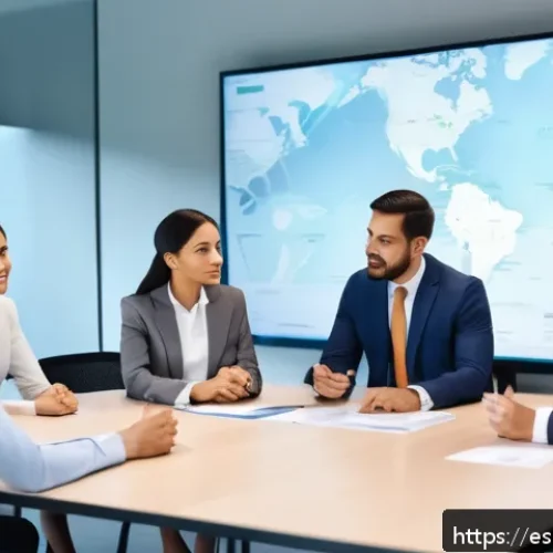 구매조달사로서 국제 무역의 이해 - A professional international trade meeting scene in a modern office, featuring diverse businesspeopl...